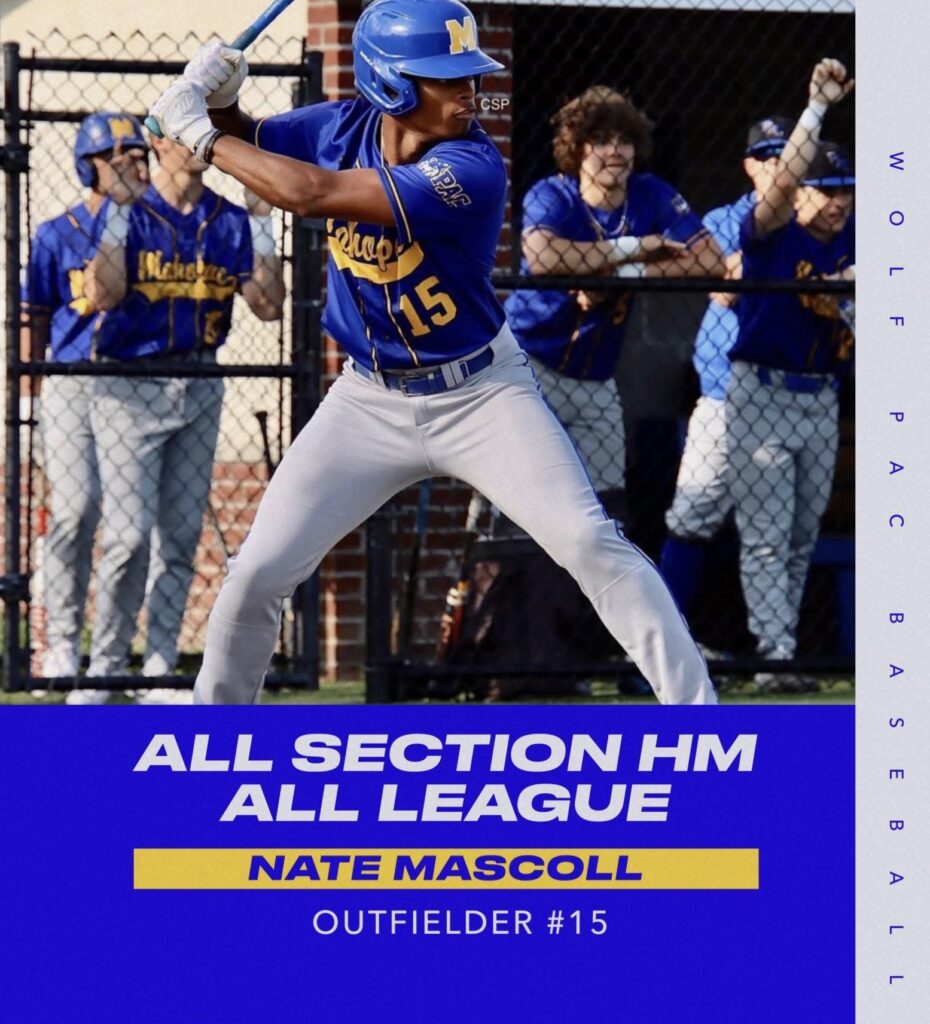 Photo of Nate at bat, annotated: Wolf Pac Baseball - All Section HM, All League - Nate Mascoll, Outfielder #15.